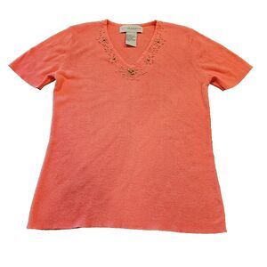 vintage beaded knit top coral island style v neck resortwear tee size S